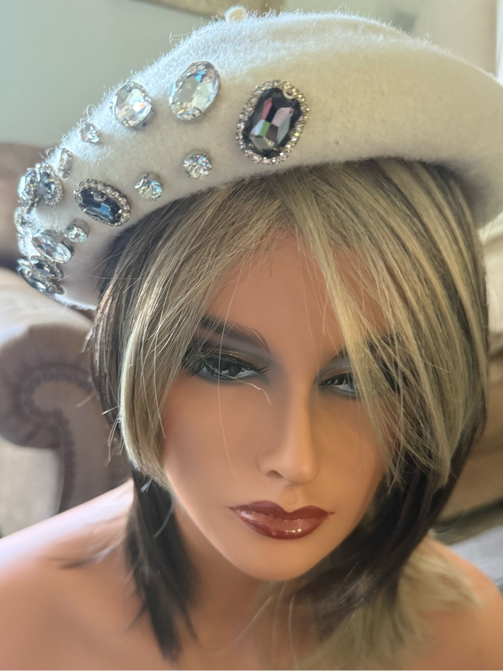 Amiee Lynn Crystal-Embellished White Wool Blend Beret
